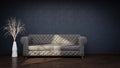 Interior poster mock up living room with gray leather sofa on empty ???? wall background. 3d illustration rendering Royalty Free Stock Photo